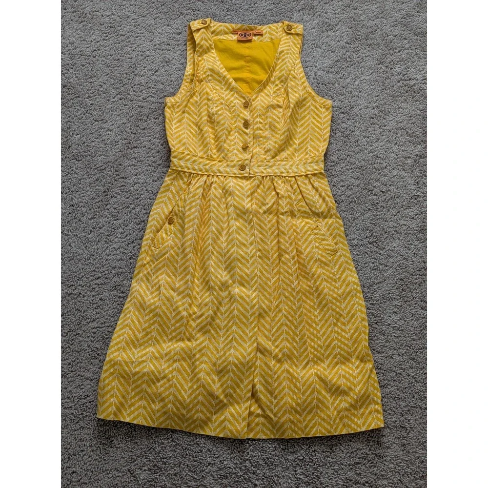 Tory Burch Linen Dress Yellow/White Chevron Button-Down Sleeveless Size 4